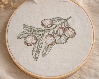Olive Branch Linen Embroidery Hoop, Handmade Greek Botanical Wall Art, Mediterranean Kitchen Decor, Olive Tree Gift