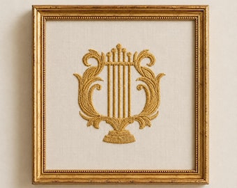 Framed Golden Lyre Embroidery - Minimalist Ancient Greek Wall Decor