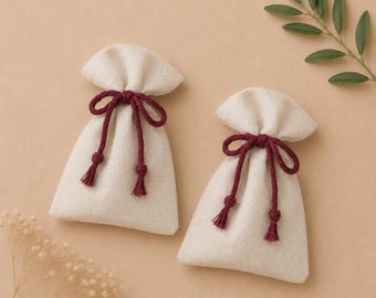 Ivory and Gold Cotton Favor Bags with Burgundy Gold Cord, Wedding Favor Pouches, Baptism Gift Bags, Rustic Party Favors, 3 Sizes