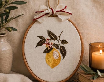 Embroidered Lemon Blossom Wall Art, Botanical Textile Art in Oval Wood Hoop