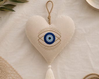 Evil Eye Heart Wall Hanging, Greek Mati Decor, Handmade Embroidered Linen Heart Ornament, Boho Home Decor, New Home Gift