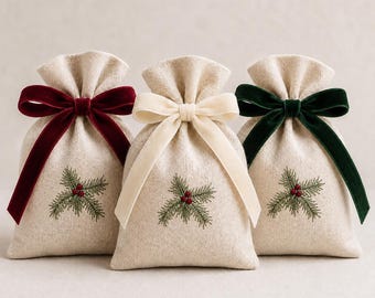 Embroidered Christmas Favor Bags, Linen Gift Pouches with Velvet Bow, Holiday Wedding Favors, Christmas Gift Bags