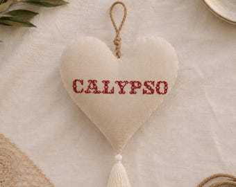 Personalized Linen Heart Ornament, Cross Stitch Embroidery, Rustic Mediterranean Decor