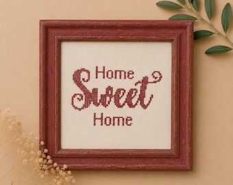 Home Sweet Home Cross Stitch Frame, Rustic Red Wall Decor, 20x20cm Embroidered Home Sign, Cottagecore Housewarming Gift