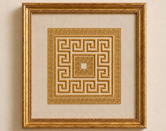 Greek Meander Embroidery Art: Golden Framed Greek Key Wall Decor