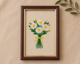 Framed Daisy Embroidery Wall Art, Floral Bouquet, Cottagecore Botanical Decor