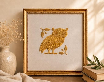 Golden Owl Embroidery Wall Art | Framed Athena Owl Decor | Handmade Greek Inspired Textile Artwork