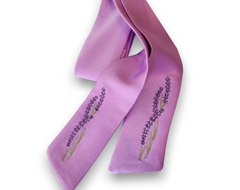 Satin Lilac Hair Ribbon with Embroidered Lavender / Purple Hair Ribbon / Hen Party Lavender Theme Hairstyle Ideas