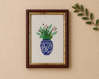Chinoiserie Christmas Floral Embroidery, Vintage Framed Blue and White Vase Art, Small 13x18cm Holiday Wall Decor