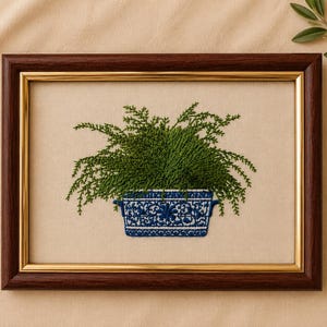 Framed Fern Embroidery Wall Art, Botanical Decor, Blue Chinoiserie Planter, Textile Artwork, Cottagecore image 4