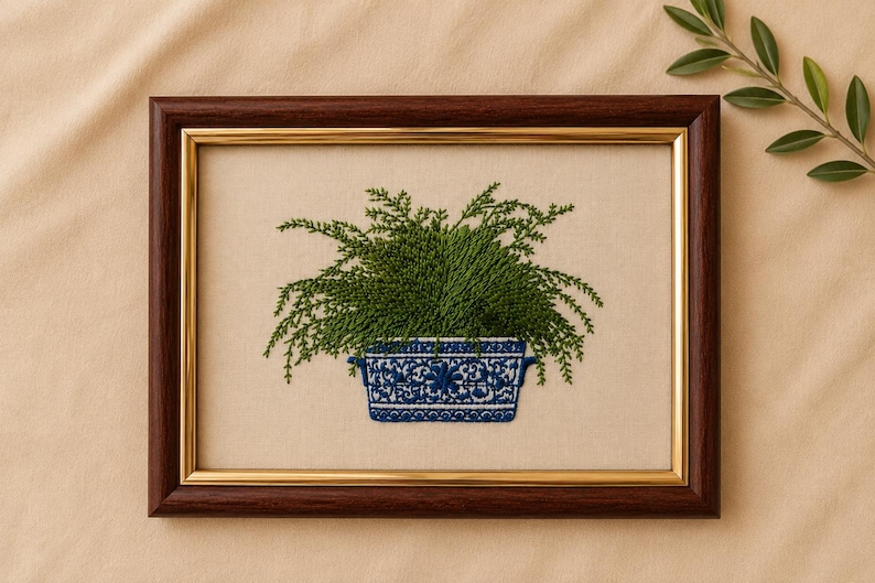 Framed Fern Embroidery Wall Art, Botanical Decor, Blue Chinoiserie Planter, Textile Artwork, Cottagecore image 4