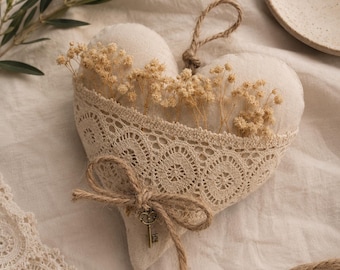 Handmade Linen Heart Ornament | Rustic Lace Heart Decor