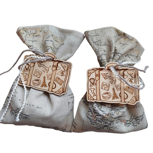 Vintage Map Favors Bags with Wooden Suitcase / Destination Beach Wedding Goodie Bags / Travel Theme Birthday / Graduation Favors