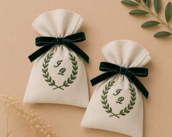 Personalized Embroidered Linen Favor Bag, Wedding Favor Pouch, Baptism Gift Bag