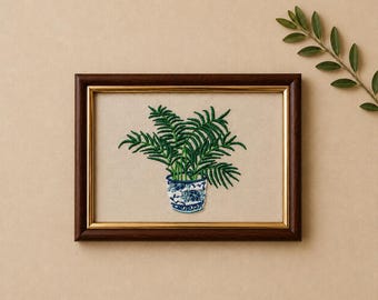 Framed Botanical Embroidery , Chinoiserie Planter Wall Art, Fern Wall Art