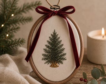 Embroidered Pine Tree Ornament, Handmade Christmas Hoop Decor with Red Velvet Bow, Rustic Holiday Gift