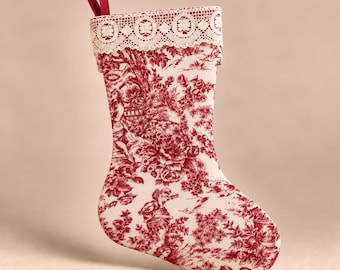 Red Toile Christmas Stocking with Lace Cuff, Handmade French Country Holiday Decor, Burgundy and White Vintage Style Stocking