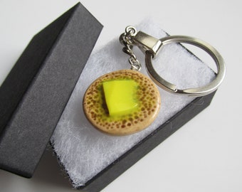 Handmade Miniature Fimo Clay Toasted Buttered Crumpet Keyring - Made in UK - Free UK Delivery