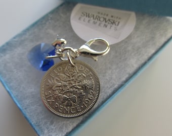 Handmade Perfect Wedding Gift for The Bride. Something Blue - Sapphire Swarovski Elements Heart & Genuine Lucky Sixpence Coin Clip on Charm