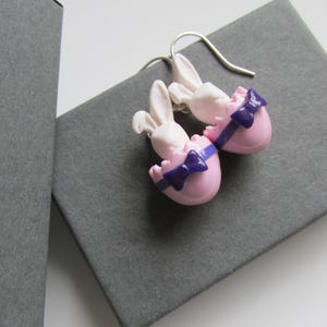 Handmade Easter White Bunny Rabbit & Pink Egg Charm Pendant Dangle Earrings