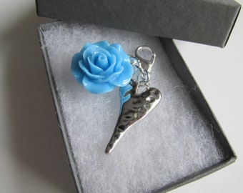 Handmade Perfect Wedding Gift for The Bride to be .. Lucky Something Blue - Silver Plated Elongated Heart with a Blue Flower Charm