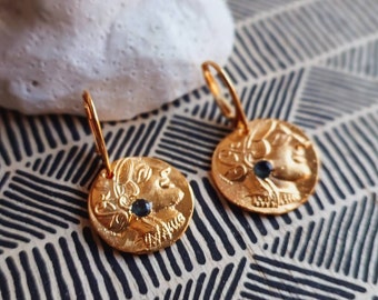 Athena gold vermeil antique coin earrings with sapphires