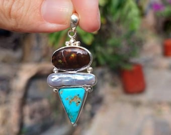 Nayuma silver pendant with Fire Agate, Pearl and Turquoise gemstones