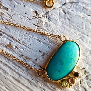Naeva, Gold Vermeil  necklace with Turquoise gemstone and Tourmaline dots. December and October birthstone.