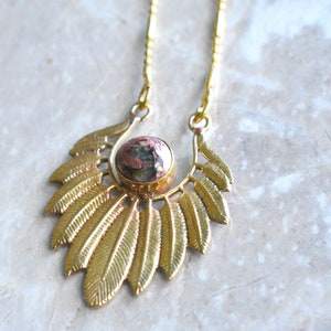 Dryw, metal brass pendant with Fire Opal. October Birthstone image 5
