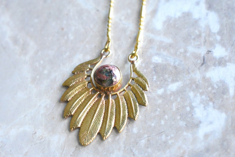Dryw, metal brass pendant with Fire Opal. October Birthstone image 5