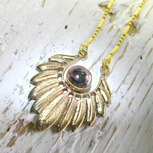 Dryw, metal brass pendant with Fire Opal. October Birthstone image 3