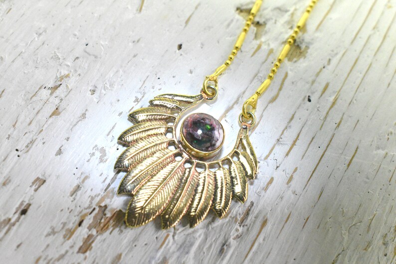 Dryw, metal brass pendant with Fire Opal. October Birthstone image 3