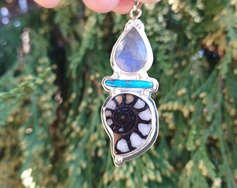 Nayuma silver pendant with faceted labradorite, Turquoise and Ammonite.