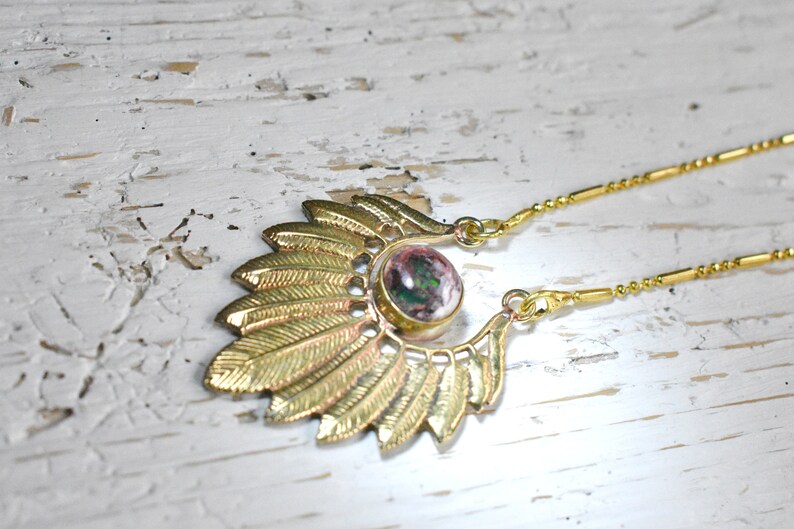 Dryw, metal brass pendant with Fire Opal. October Birthstone image 4