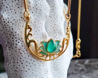 Blue Lotus, art decó 18ct gold plated necklace.