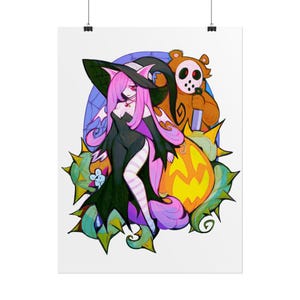 May include: A colorful poster featuring a witch-like character with pink hair and a black dress, a bear wearing a hockey mask, and a jack-o'-lantern. The artwork has a cartoonish style with vibrant colors and Halloween themes.