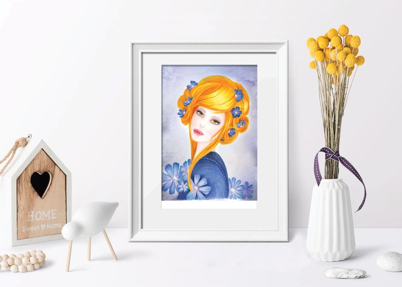 beauty and spa saloon decor Green eyes girl Exotic woman face art Blue woman portrait art print Water color fashion illustration