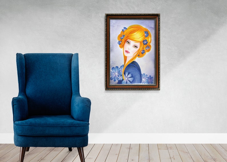 beauty and spa saloon decor Green eyes girl Exotic woman face art Blue woman portrait art print Water color fashion illustration
