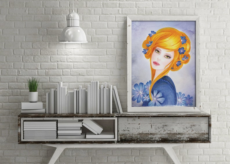 beauty and spa saloon decor Green eyes girl Exotic woman face art Blue woman portrait art print Water color fashion illustration