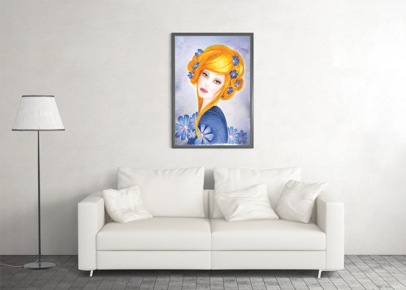 beauty and spa saloon decor Green eyes girl Exotic woman face art Blue woman portrait art print Water color fashion illustration