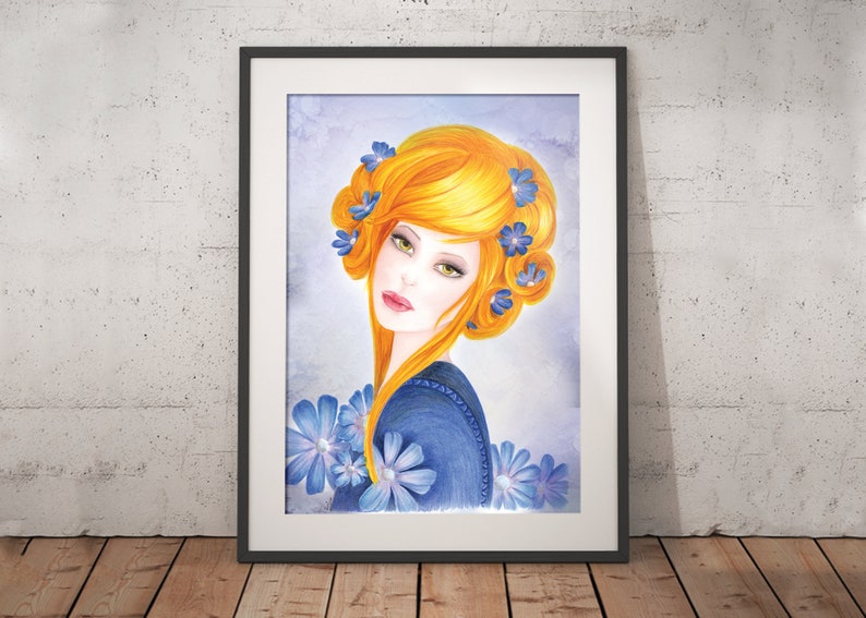 beauty and spa saloon decor Green eyes girl Exotic woman face art Blue woman portrait art print Water color fashion illustration
