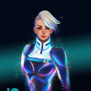 May include: Digital artwork of a woman with short, white hair and a futuristic outfit. The image has a dark blue background with colourful accents and the text "Shaya" and a logo in the bottom left corner.
