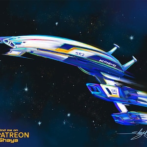 May include: A digital painting of a futuristic spaceship, primarily blue, white, and yellow, against a starry night sky. The ship is labeled "SR2" and "Normandy". The artwork includes the text "Find me on Patreon /Shaya".