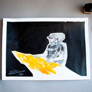 May include: A black and white illustration of a person wearing a cap and sitting in a chair. The person is facing the left side of the image. The person is sitting in front of a yellow surface. The image is signed "Day 2: Jaren - November 17th, 2022 - Shaya"