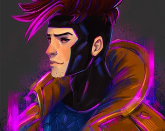 May include: A digital illustration of a man with a purple and red mohawk hairstyle. He is wearing a brown jacket with a blue and black patterned shirt underneath. The background is a dark grey with purple and pink highlights.