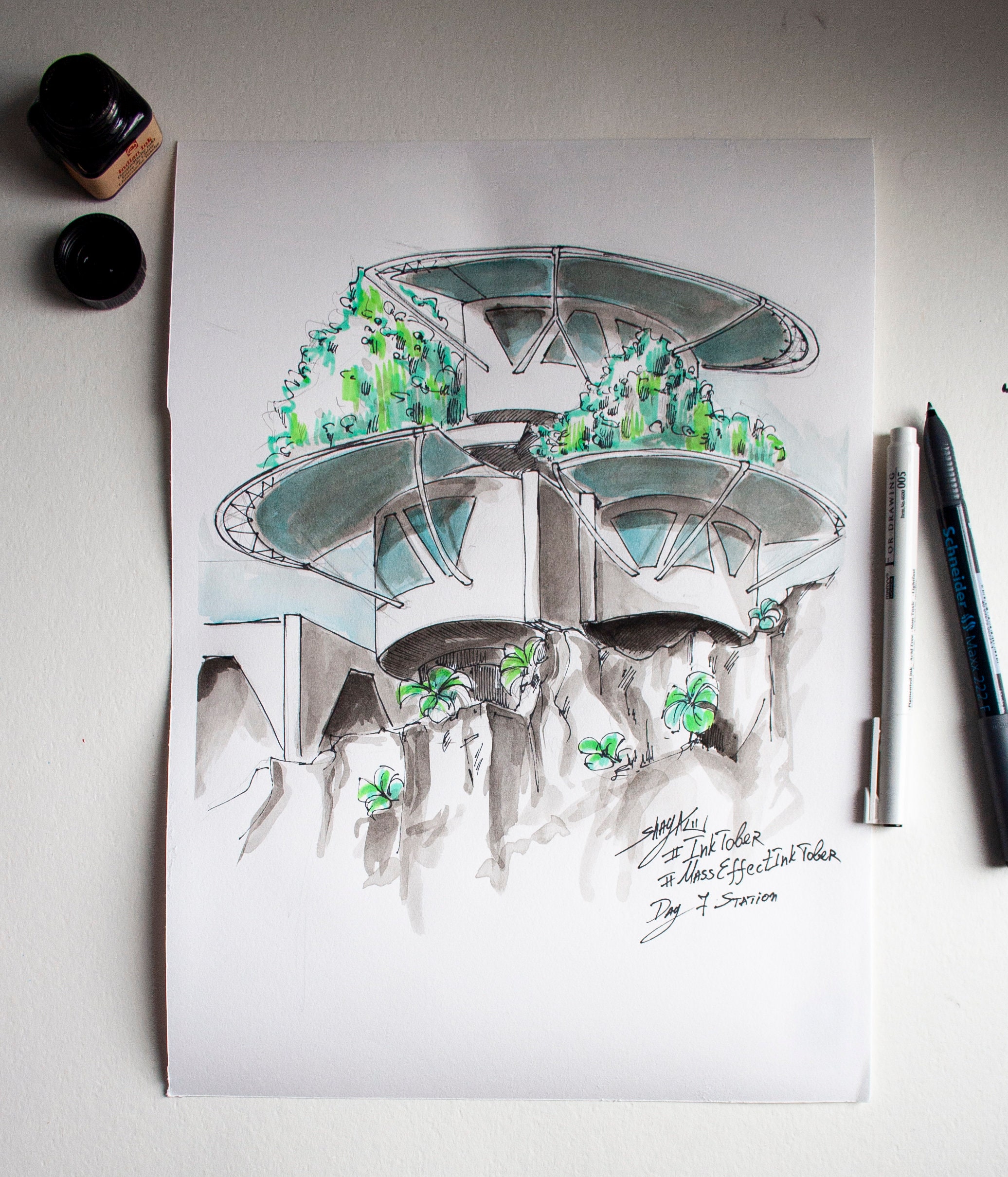 ORIGINAL Mass Effect InkTober  Fan Art - Angara, Renegade, Station /Aya/, Remnant, Pyjak, Tempest!