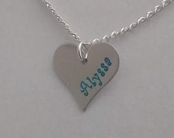 Personalized 3/4" Aluminum Heart Necklace with Name - You pick color - Personalized Hand Stamped CUSTOM