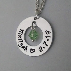 Birthstone, Name, and Birthday 1&quot; Aluminum Washer Personalized Hand Stamped Aluminum Necklace with Birthdate for Gift, birth, friendship