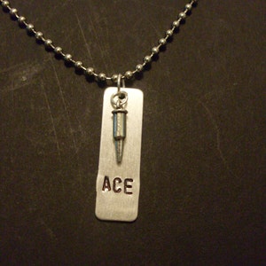 Personalized Custom Name Initials Hand Stamped 1.25" Aluminum Tag Necklace with Alloy Bullet Charm