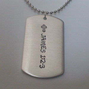 Bible Verse - Scripture Custom Christian Cross Dog Tag Necklace with any life Verse Reference Fully customized Silver Toned Aluminum Tag